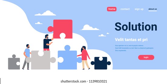 people putting parts of puzzle problems solution man woman team working concept horizontal flat copy space vector illustration