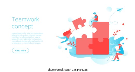 People putting puzzle together as business teamwork concept. Parthenrship or collaboration idea for corporate team building. Businessmen work on marketing challenge. Website layout vector template.