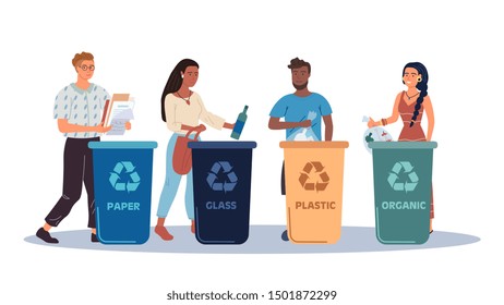 People putting rubbish in trash bins or containers. Set of men and women practicing garbage collection, sorting and recycling. Flat cartoon vector illustration.