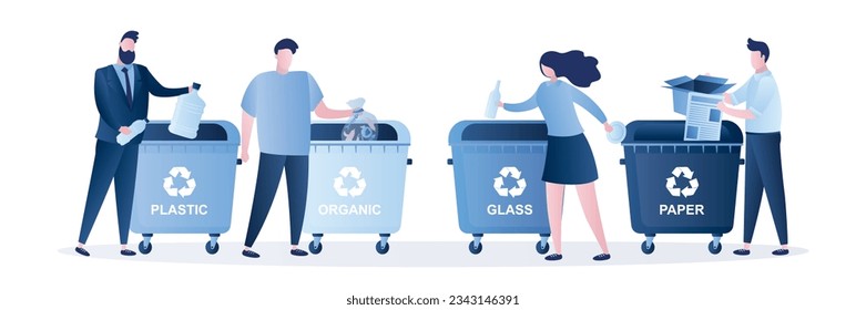 People putting rubbish in trash bins or garbage containers. Set of various men and women practicing garbage collection, sorting and recycling. Flat trendy style vector illustration