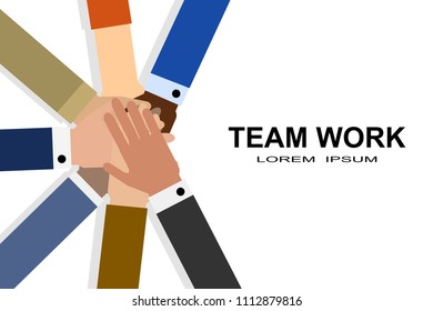 People putting their hands together. Friends with stack of hands showing unity and teamwork. Business consulting, team work, project management. Business, team work, cooperation and partnership