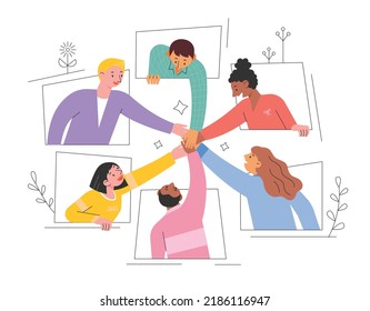 People are putting their hands together. window frame. flat design style vector illustration.