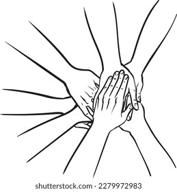  people putting their hands together. stack of hands. friendship concept. hand drawn style vector illustration.copy space