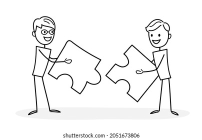 People are putting together a puzzle. People working, solve problems, developing ideas, taking part in business activities. Teamwork. Concept for web design. Outline of a vector illustration. Doodle