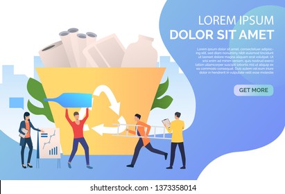 People putting trash into big recycling bin and sample text. Protection, solution, ecology concept. Presentation slide template. Vector illustration for topics like recycling, pollution, environment