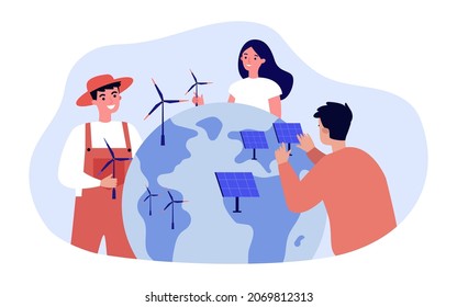 People putting wind mills, solar panels on globe. Persons using sustainable green energy flat vector illustration. Sustainability, environment concept for banner, website design or landing web page