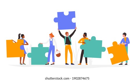 People with puzzle concept vector illustration. Cartoon man woman group of characters in casual clothing, holding puzzle jigsaw pieces, standing and communicating, communication isolated on white