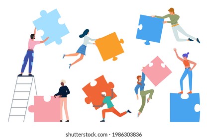 People with puzzle concept vector illustration. Cartoon man woman group of characters in casual clothing, holding puzzle jigsaw pieces, standing and communicating, communication isolated on white