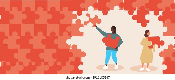 People puzzle, copy space template. Flat vector stock illustration. Teamwork concept. Multicultural men and women with a puzzle in teamwork. Different ethnic group, gender of people