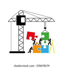 people puzzle and crane vector illustration
