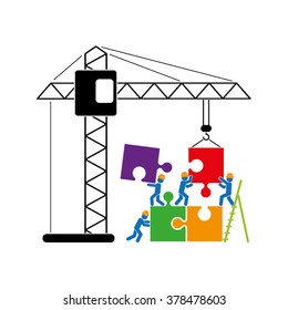 people puzzle and crane vector illustration