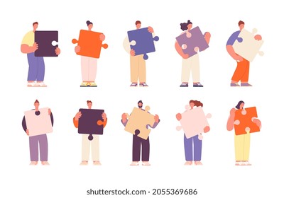 People with puzzle pieces. Connected partners, friends hold connecting elements. Businessman group, communication utter vector characters