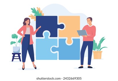 People puzzle - Two businesspeople solving problems with jigsaw puzzle together. Solution and finished business project concept in flat design vector illustration with white background