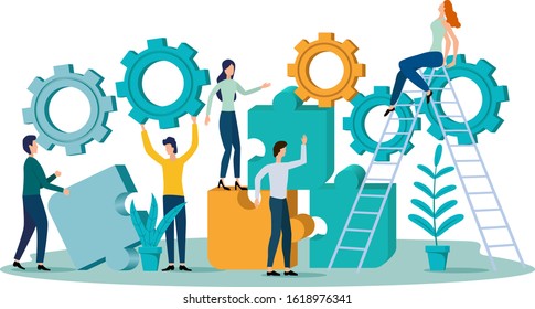 People, puzzles, and gears.People involved in the business.Business promotion, implementation of tasks.Flat vector illustration.