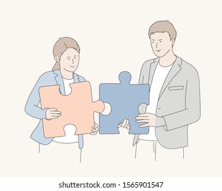 People with puzzles. Hand drawn vector illustration.