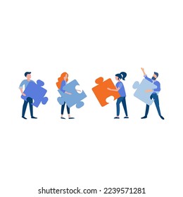People with puzzles in their hands, teamwork concept, finding a solution Vector illustration