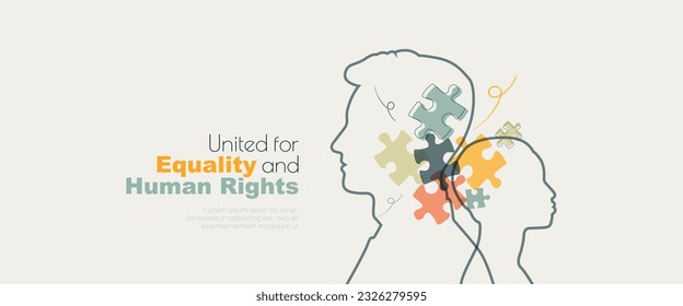 People with puzzles. United for Equality and Human Rights banner.