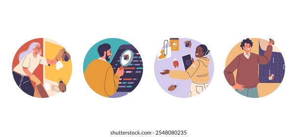 Personas Ingenieros de control de calidad, desarrolladores de Sitio web personajes de dibujos animados involucrados en el proceso de prueba de software