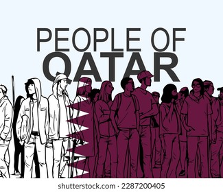 People of Qatar with flag, silhouette of many people, banner of diversity or protest in Qatar, group of person, society and audience concept, gathering idea