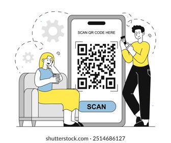 Personas con código QR. Hombre y mujer con smartphones escaneando el código QR. Código de barras y Enlace acortado en el teléfono. Seguridad y Identificación. Ilustración vectorial lineal aislada sobre fondo blanco