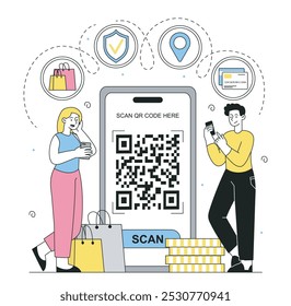 People with qr code. Man and woman near smartphone with shortened link. Barcode scanning. Payment on Internet and cashless transfers and transactions. Linear vector illustration