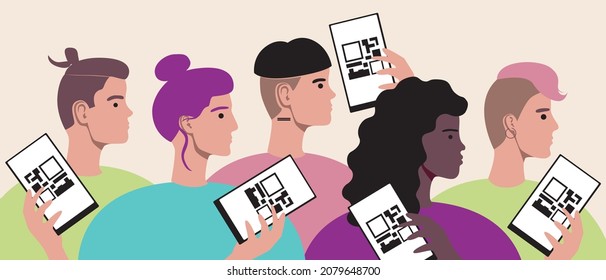 Personas con código QR, pantalla de teléfono. Ilustración de material vectorial plano. Una multitud de personas vacunadas. Código QR o certificado de vacunación. Explorando el id. del código. Ilustración aislada