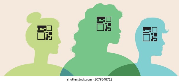 People with QR codes, vaccination certificate. Silhouette vector stock illustration. Vaccination passport. Silhouettes of people. Medical QR code. Multicultural people. Silhouette illustration