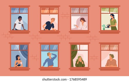 People quarantine at home. Peoples in apartment windows greet and smile to the neighbors in flat style vector illustration