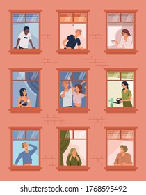 People quarantine at home. Peoples in apartment windows greet and smile to the neighbors in flat style vector illustration