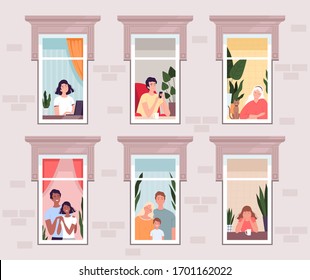 People in quarantine and isolation stay at home and look out the windows. Families, couples, young and old people look out of the windows of the house - Shutterstock ID 1701162022