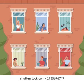 People in quarantine and isolation stay at home.  Men and women spend time in apartment during pandemic. Vector illustration in a flat style