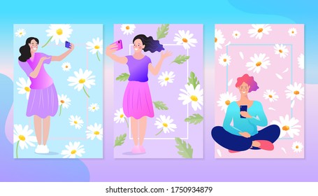 People in quarantine and isolation stay at home. work from home. Female cartoon character with mobile phones. Flat vector illustration.