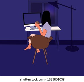 People in quarantine. Woman with cup of coffee working until night at her desk at home. Work at home concept design. Online study, education looking at Computer Screen.