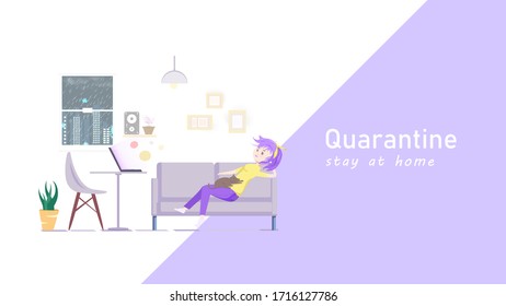 People quarantine, work at home, relax time, cute girl cartoon character flat design, home interior idea creative, web design background vector illustration