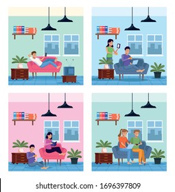 people in quarentine house places scenes vector illustration design