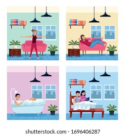 people in quarentine house places scenes vector illustration design