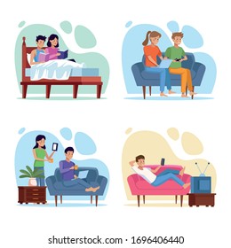 people in quarentine house places scenes vector illustration design