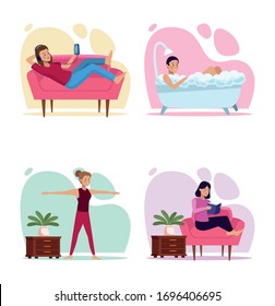 people in quarentine house places scenes vector illustration design