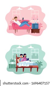 people in quarentine house places scenes vector illustration design