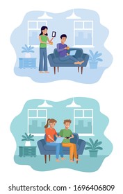 people in quarentine livingroom scene vector illustration design