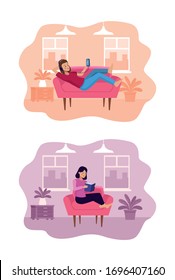 people in quarentine livingroom scene vector illustration design