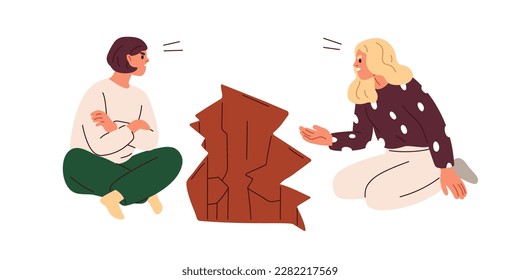 People quarrel, argue. Conflict, misunderstanding in difficult relationship. Communication barrier, miscommunication, disagreement concept. Flat vector illustration isolated on white background