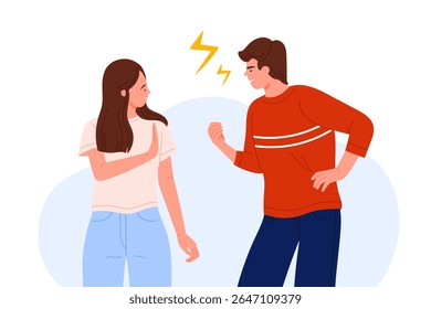 People quarrel in conflict, family aggressive fight and conflict conversation of couple, divorce and domestic abuse. Angry man screaming to sad woman with stop gesture cartoon vector illustration