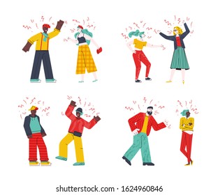 People quarrel and swear set, sketch cartoon vector illustration isolated.