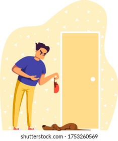 People in quarrel vector illustration. Cartoon flat angry owner man character scolding sad dog pet for damage to home thing, naughty puppy chews clothes and shoes. Bad animal concept isolated on white