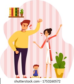 People in quarrel vector illustration. Cartoon flat angry parent characters screaming at each other, kid baby sitting on floor and crying. Family people during conflict concept isolated on white