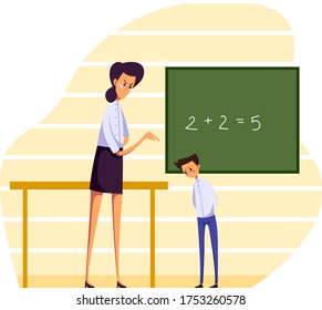 People in quarrel vector illustration. Cartoon flat angry school teacher woman character publicly scolding student or pupil boy for bad trouble job. People during conflict concept isolated on white