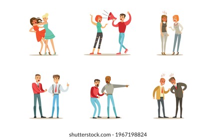 People Quarreling and Arguing Set, Male and Female Persons Sorting Things Out, Fighting and Loosing Temper in Conflict Cartoon Vector Illustration