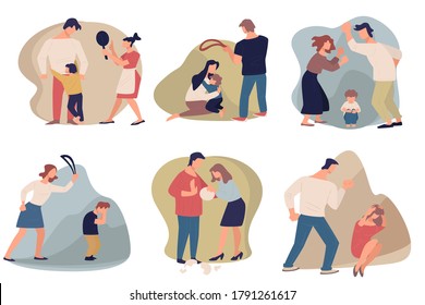 People quarreling and fighting before children, domestic violence and aggression in homes. Anger and hatred. Scared and frightened child, dad beating mother. Mom with leather belt vector in flat style