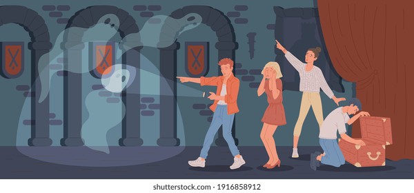 People in quest escape room searching for treasures, flat vector illustration. Quest entertainment room interior in style of medieval hall with playing people.